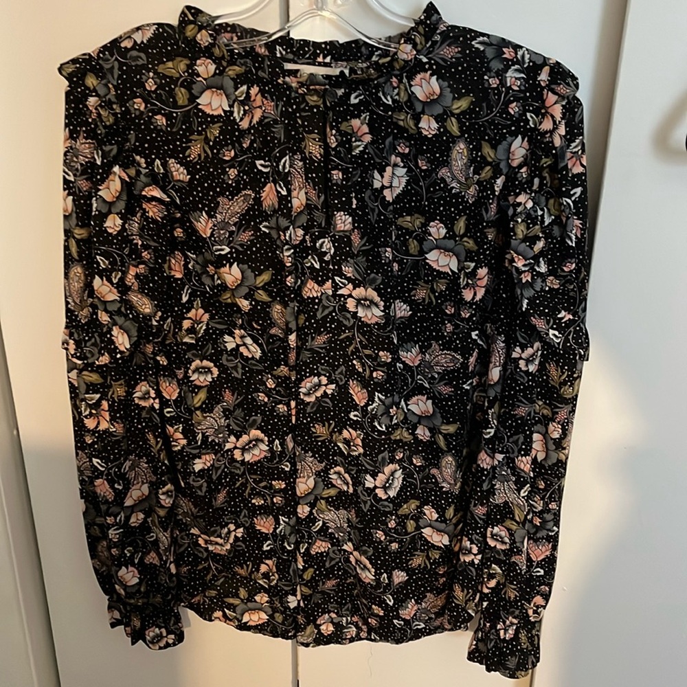 Black floral print blouse with ruffle sleeves